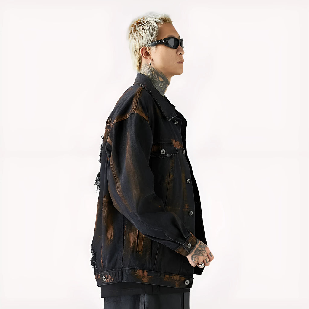 Black men's cotton denim jacket with fashion holes and street style design