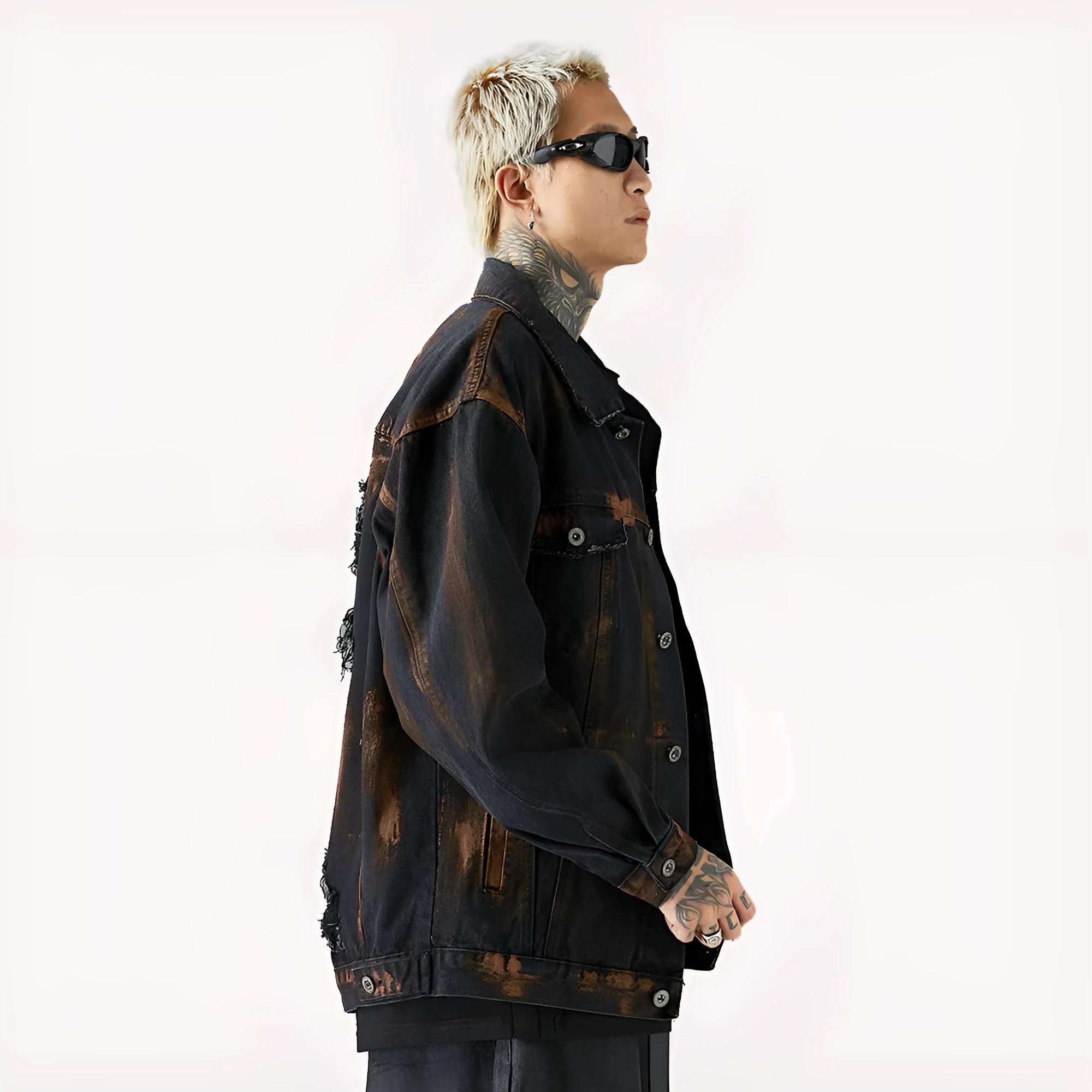 Black men's cotton denim jacket with fashion holes and street style design