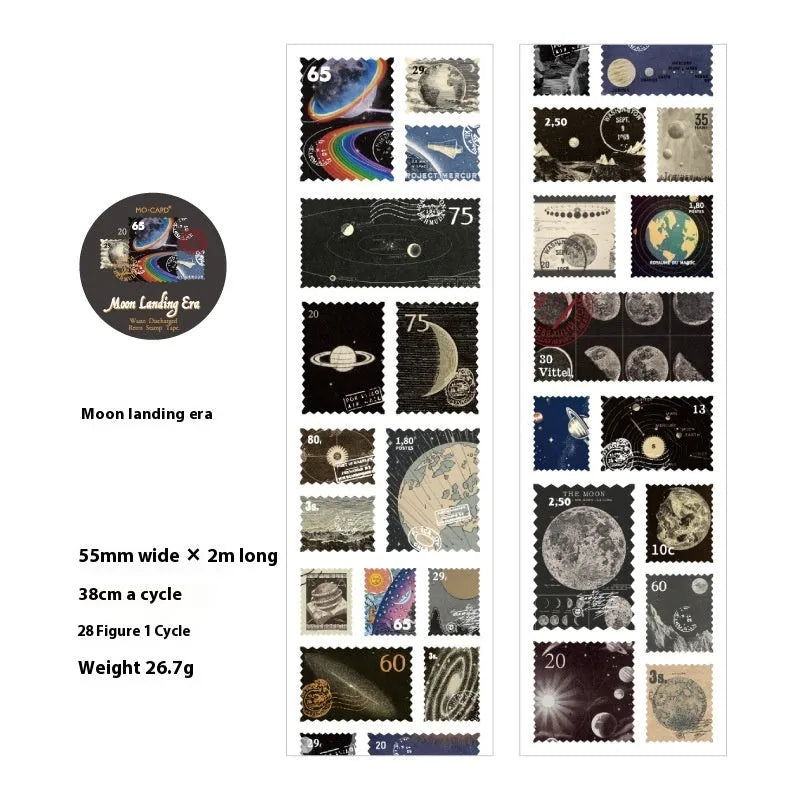 Roll of retro-patterned coated paper stamp stickers for DIY journal decoration, 55mm wide