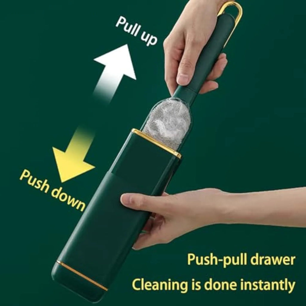 Double-sided reusable pet hair remover brush with storage box in blue, green or white.