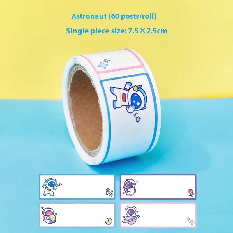 Roll of cartoon tape name stickers with dinosaur, astronaut, rabbit, or girl designs - 60 adhesive labels per roll