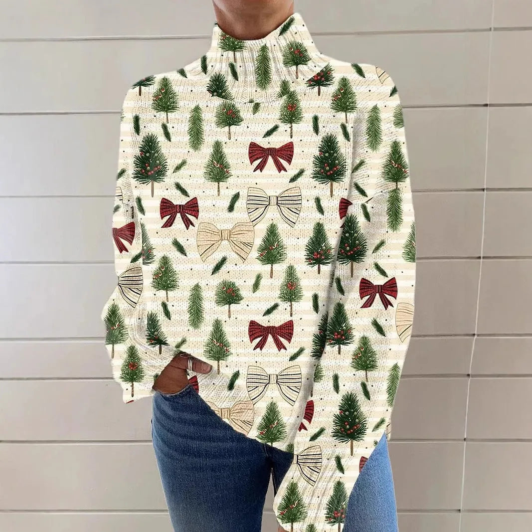 Women's loose fit printed turtleneck sweater in a macaron colour with a painting pattern design.