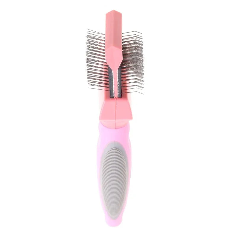 Double-sided pet grooming brush with stainless steel pins and ergonomic handle in blue colour