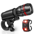 Bicycle headlight and taillight set with handlebar mounting bracket on a black background.
