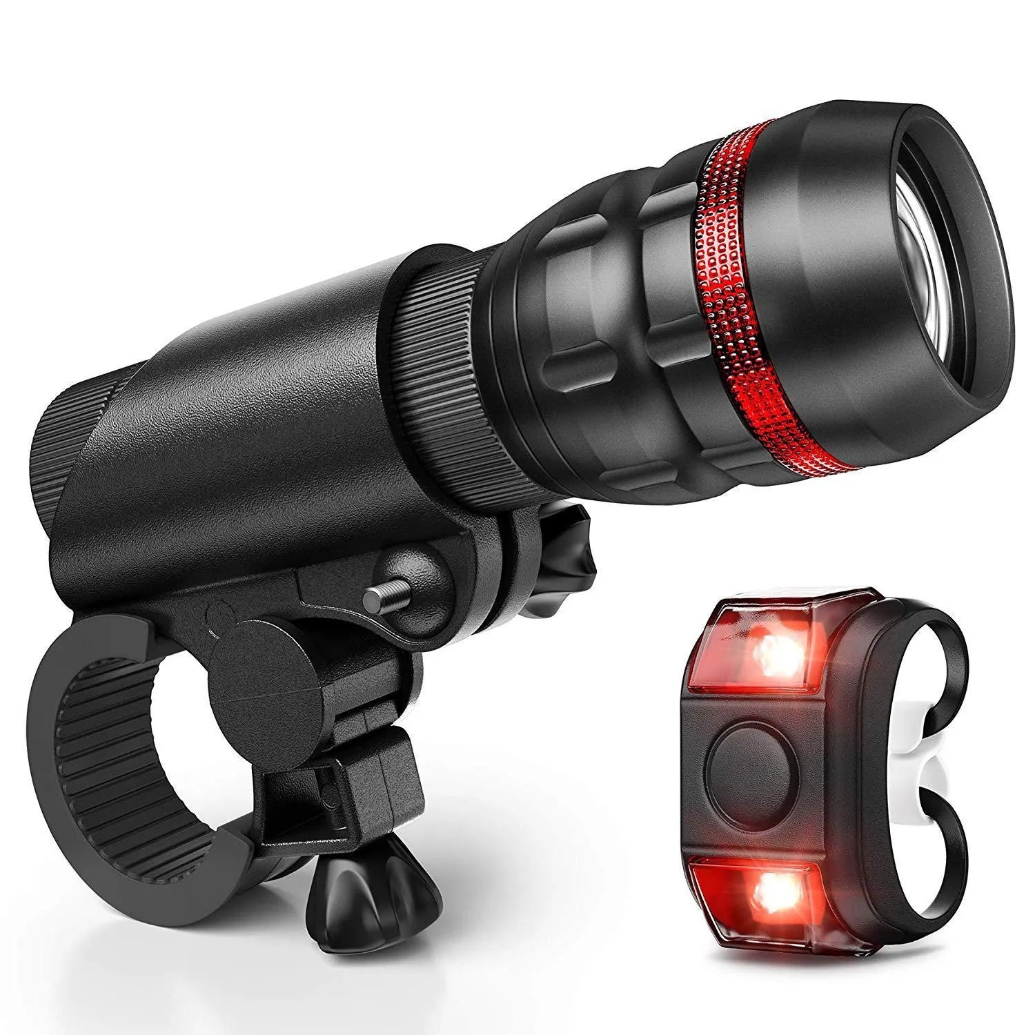 Bicycle headlight and taillight set with handlebar mounting bracket on a black background.
