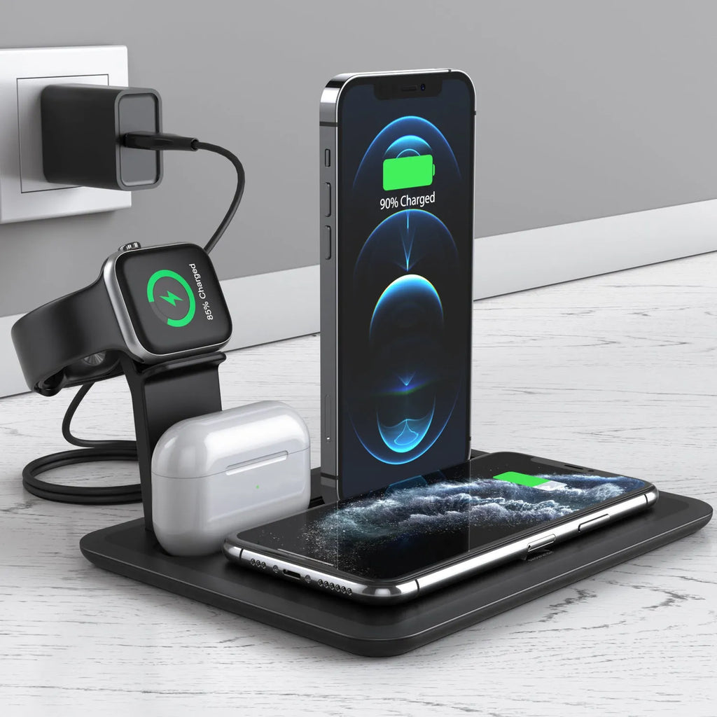Black and white wireless charging desk station for phone, watch and headphones