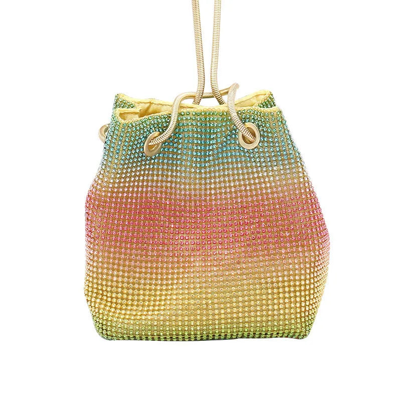 Colourful rhinestone bucket bag with glittery crystal embellishment and soft fabric construction
