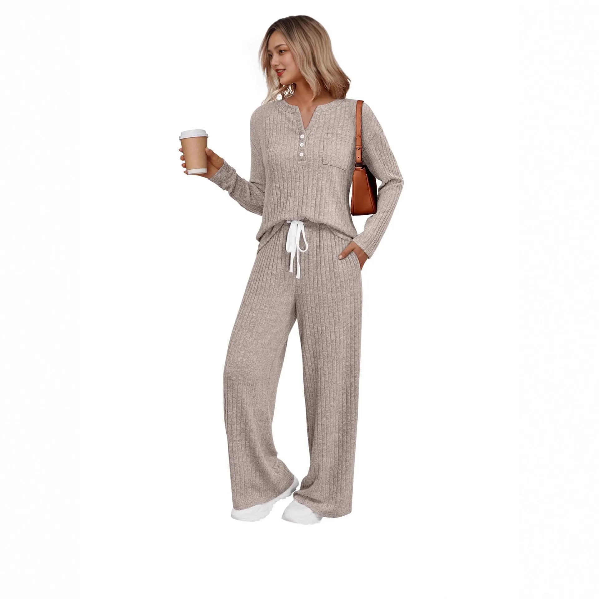 Knitted V-neck long coat with striped pattern in light grey colour showing lace-up details