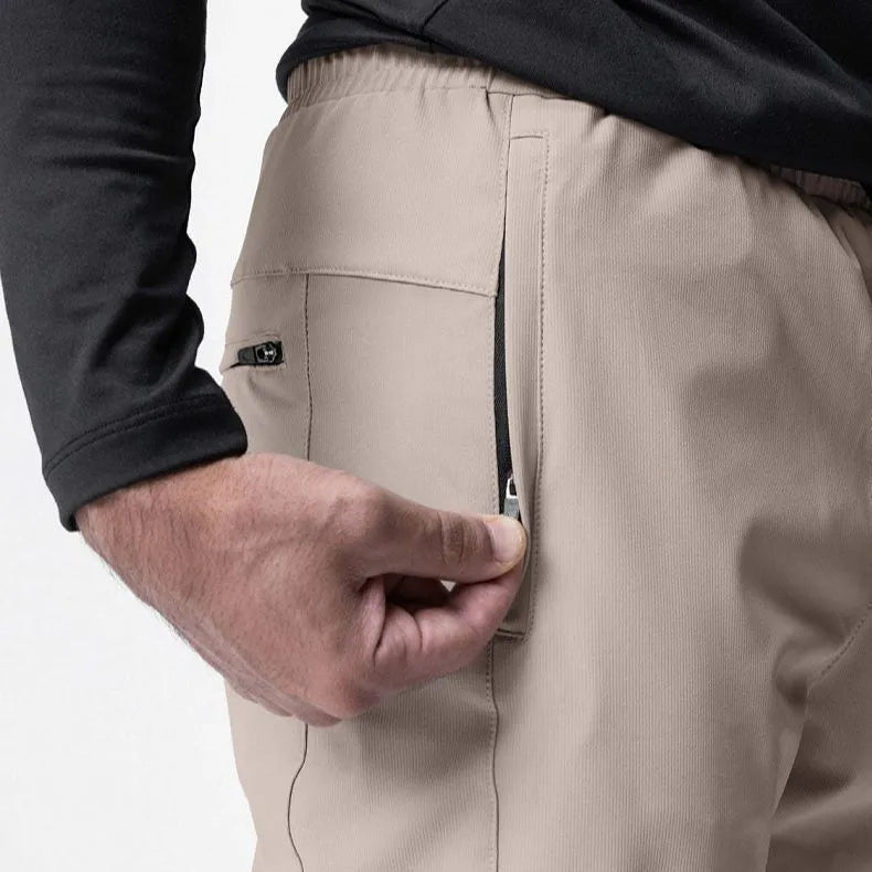 Men's grey ankle-tied running trousers for fitness exercise with quick-dry polyester fabric