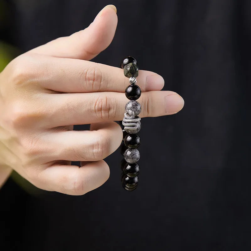 S925 sterling silver bracelet with black electroplated finish featuring obsidian and snake zodiac design