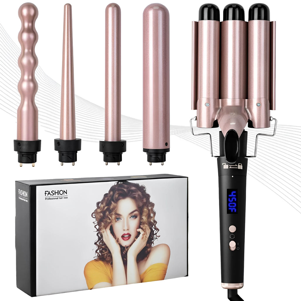 Rose gold five-in-one hair curler with LCD screen and heat-resistant gloves