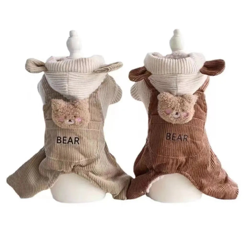 Fleece-lined four-legged dog overalls in dark brown colour for small and medium pets