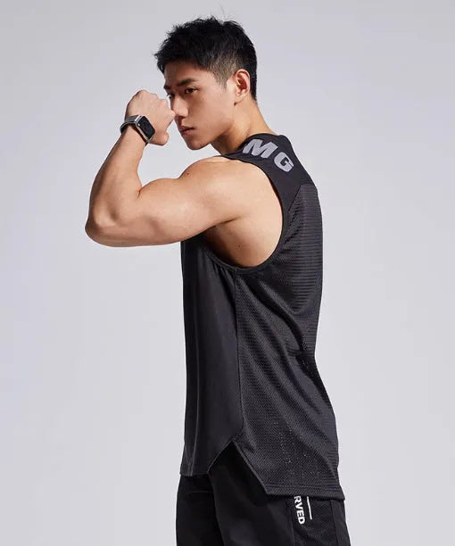 Men's lightweight mesh sports vest in black, available in multiple colours for summer fitness activities