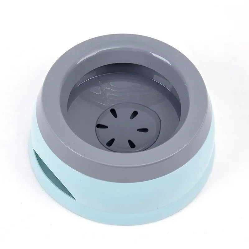 Floating no-spill plastic water bowl for pets with anti-wetting rim in grey green pink or blue