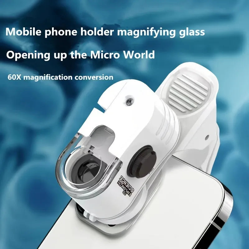 Mini 60x magnification smartphone microscope with LED light and detachable clip on a mobile phone