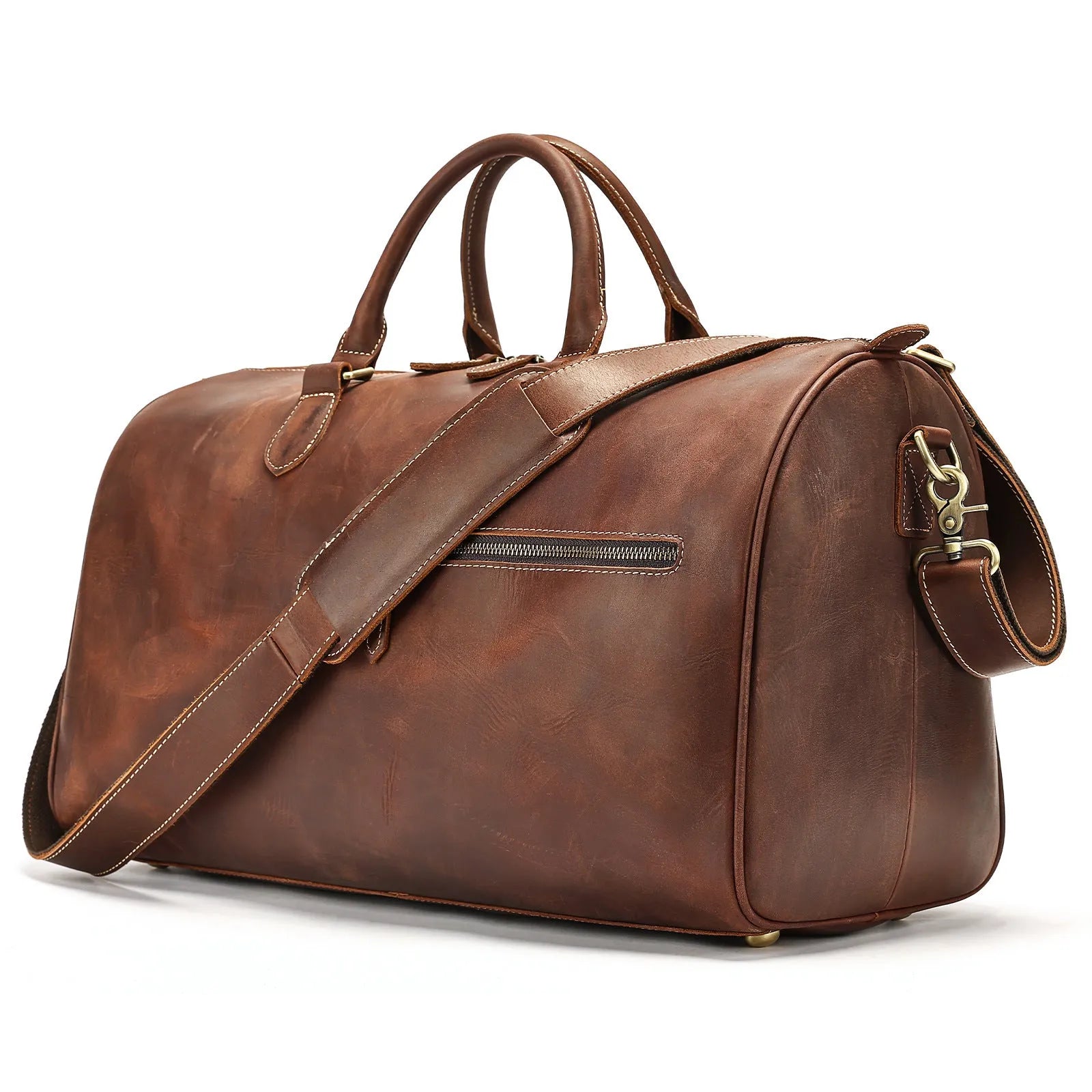 Men's vintage brown leather large crossbody bag with polyester cotton lining.