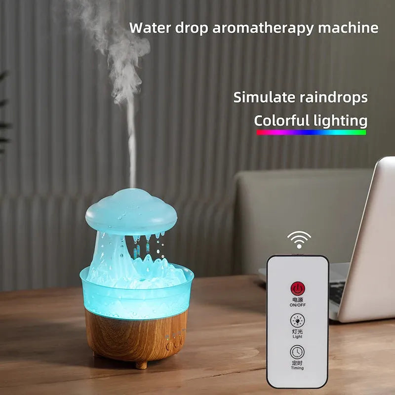 Wood grain cloud humidifier with LED lights emitting mist and water drops