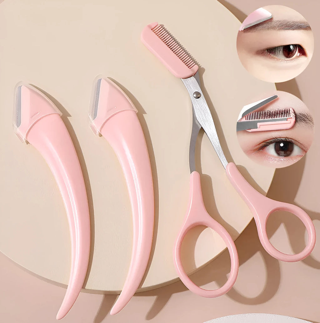 White and pink eyebrow trimmer with stainless steel blade and curved plastic comb