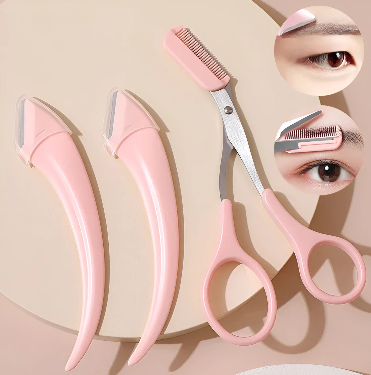White and pink eyebrow trimmer with stainless steel blade and curved plastic comb