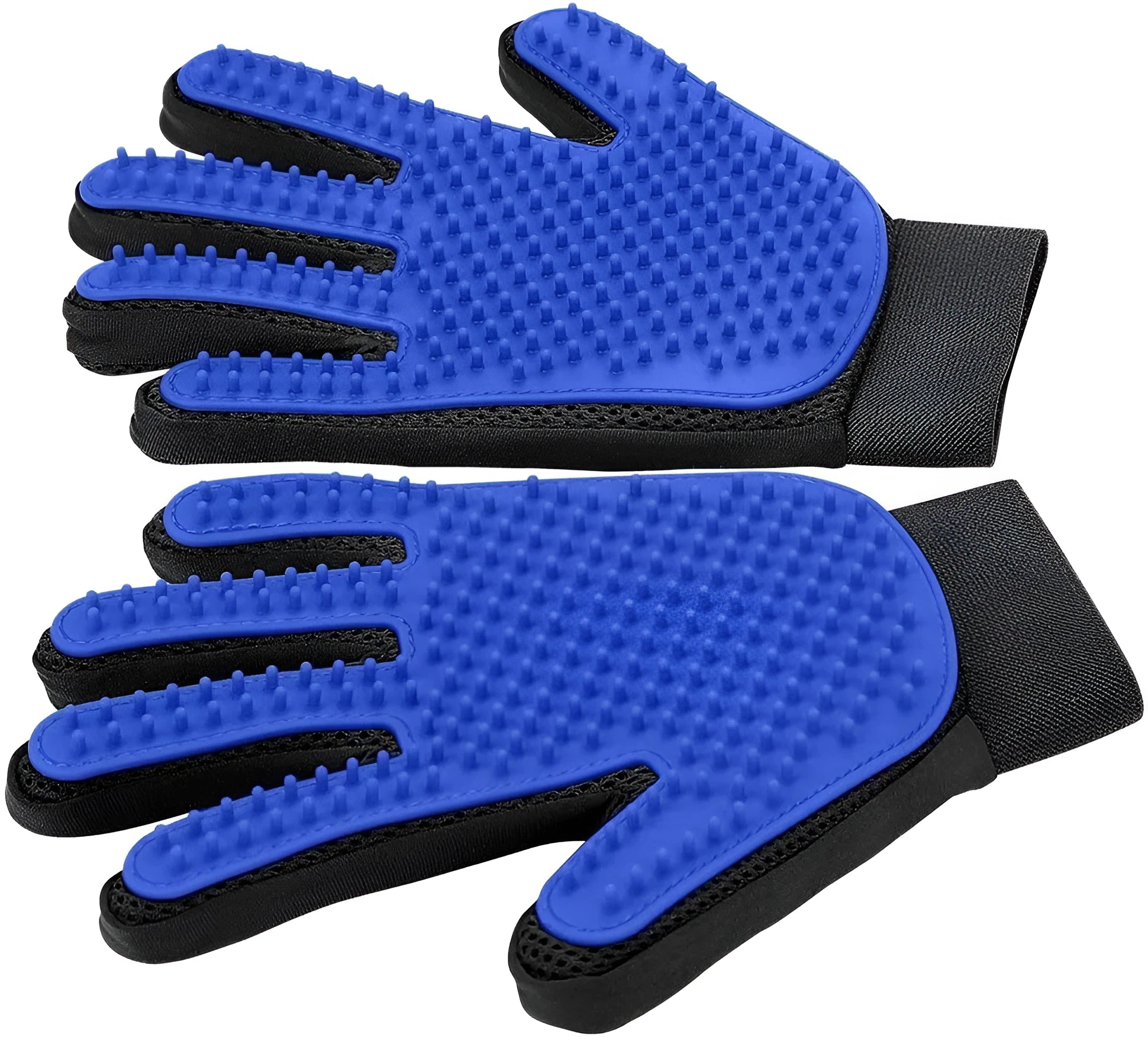 Blue silicone pet grooming gloves with multiple tips for brushing dogs, cats, or horses.