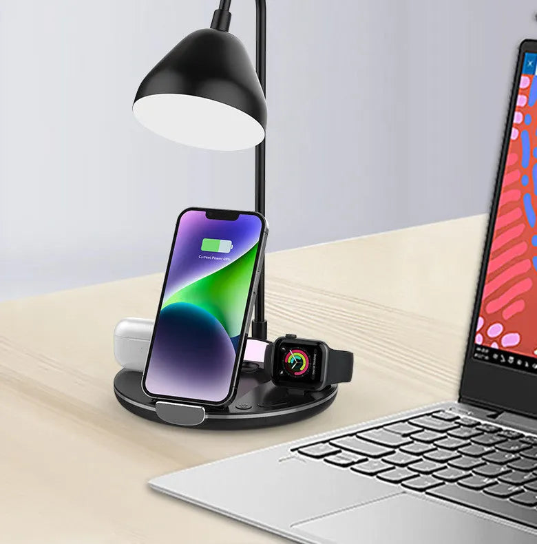 Black magnetic folding wireless charger unfolded showing phone, earbuds, and watch on charging pads