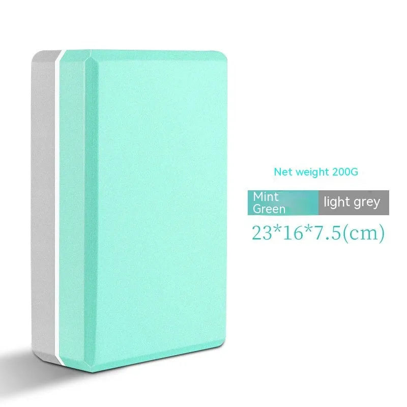A high-density EVA yoga block in a choice of solid colours or printed designs, measuring 23cm by 15cm.