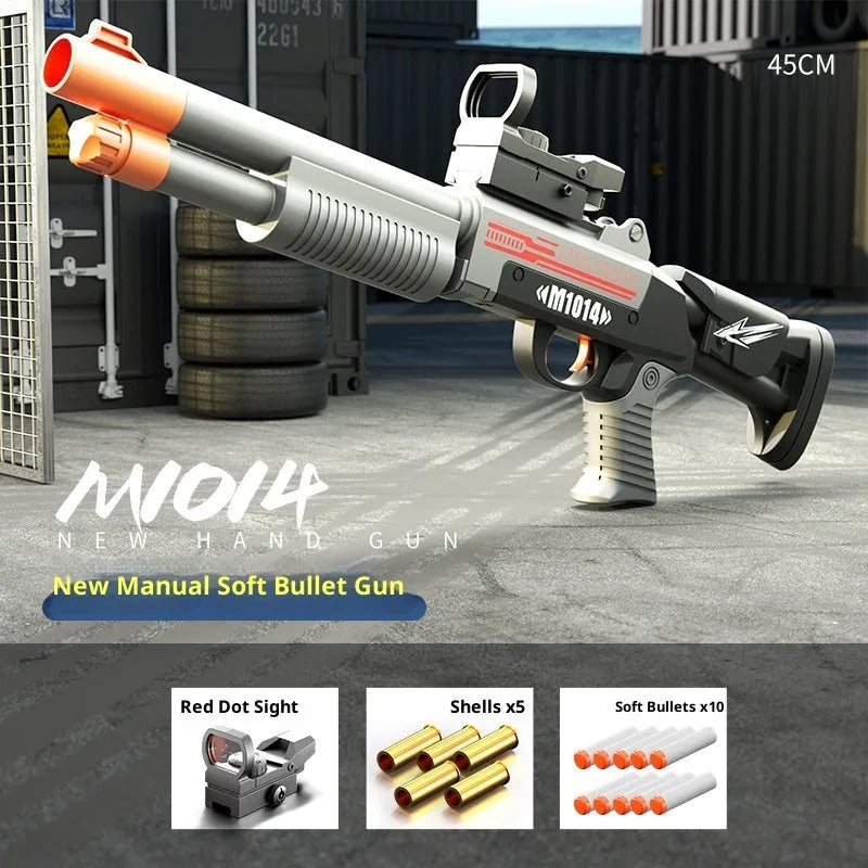Folding throw shell XM1014 soft bullet toy gun in sand colour with manual launch mechanism, ABS material
