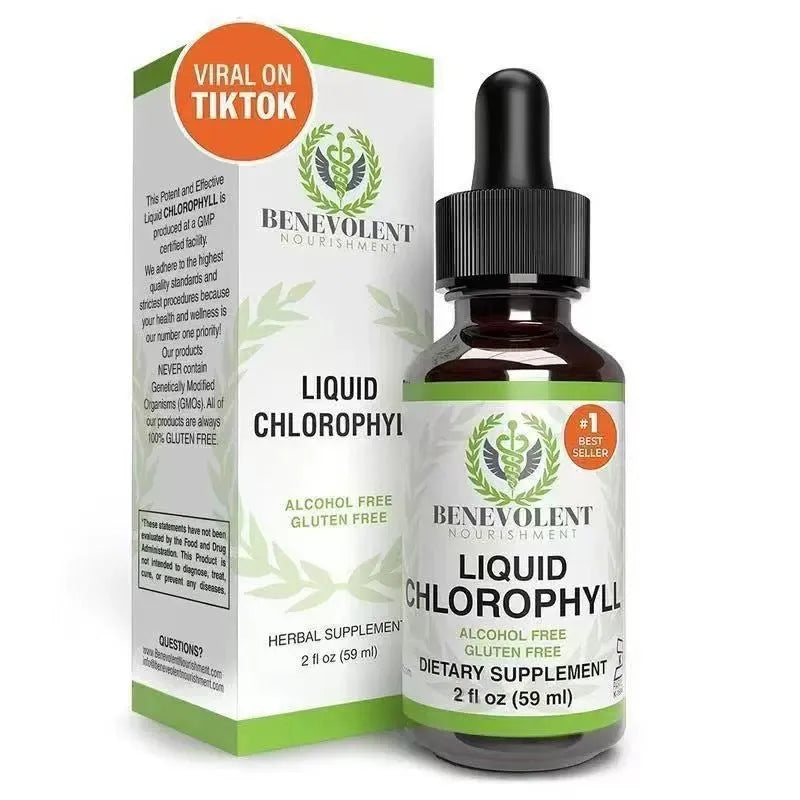 60ml bottle of natural liquid chlorophyll drops for adults with integrated dropper.