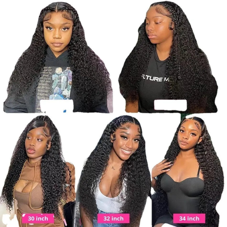 Long curly lace wig headgear in natural soft look with side bangs, black colour, 12-32 inches length options