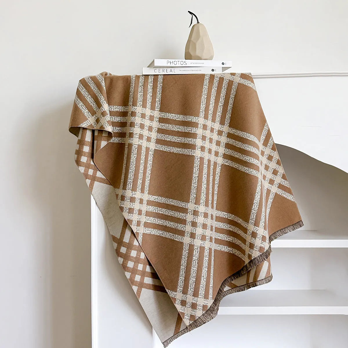 Mid-length cashmere-like scarf with tassels in brown colour showing 185cm length