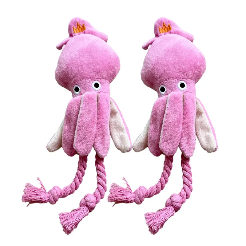 Pink squid-shaped dog chew toy with corduropy fabric, 32cm length with squeaker