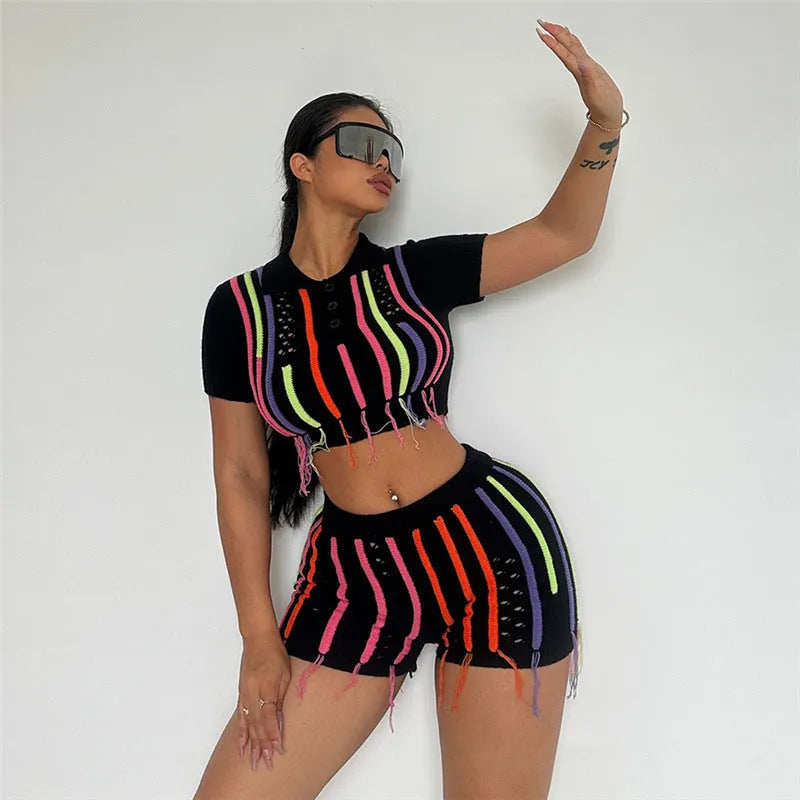 High waist sheath slim fit suit set for women in black sleeveless top and shorts with quarter sleeves