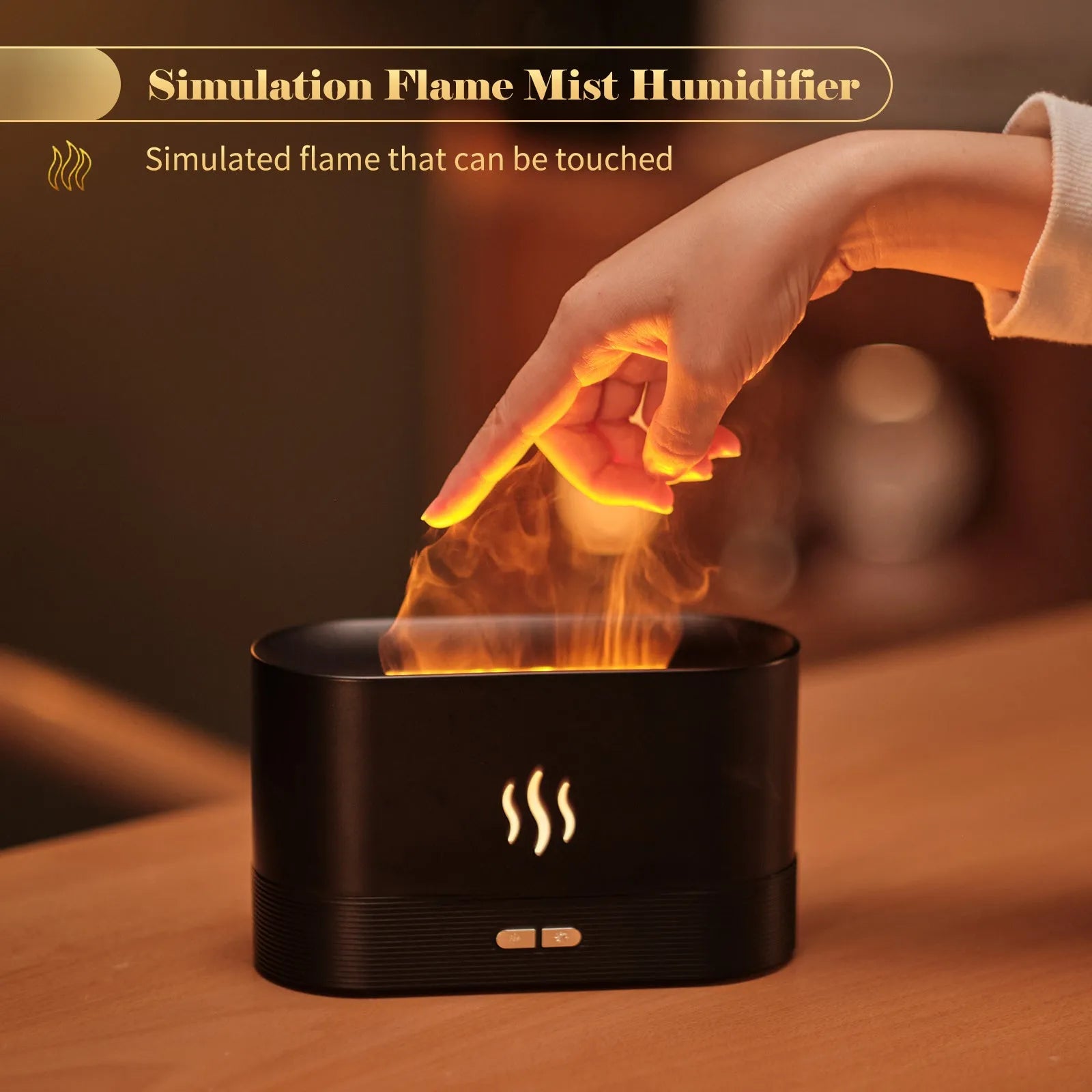 Ultrasonic aroma diffuser with flame light effect, 180ml capacity, USB powered, black color, on a desk