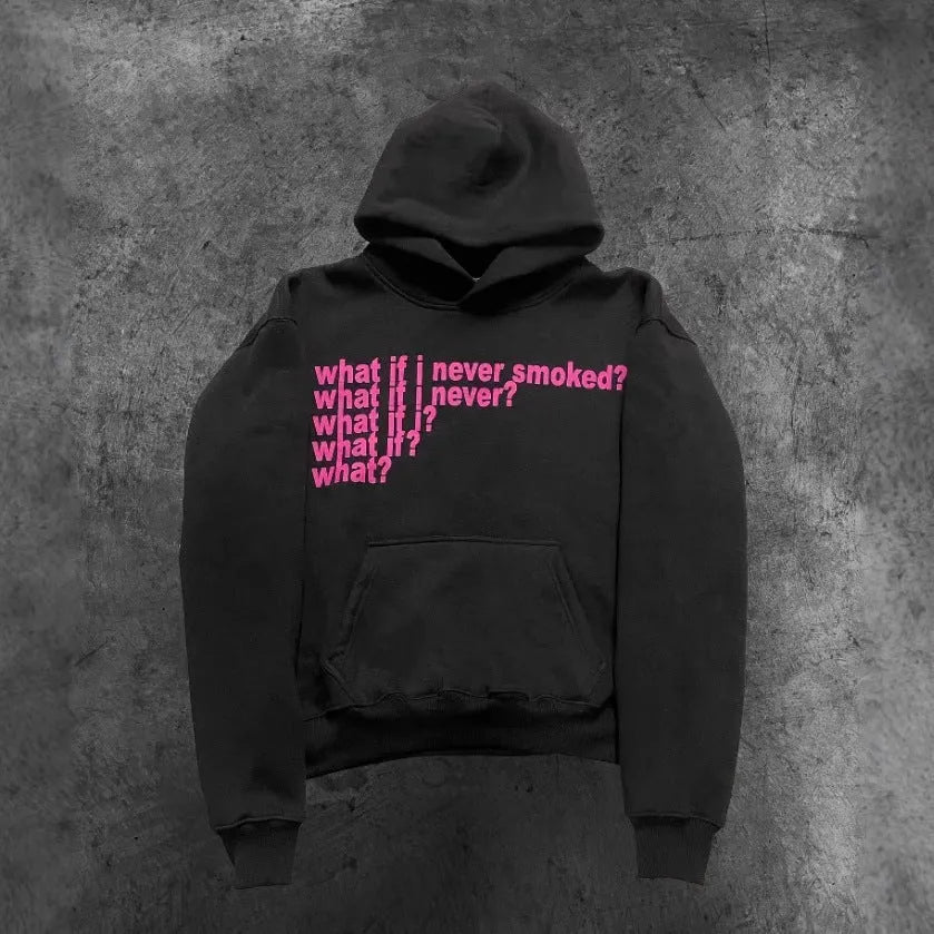 Black hooded sweater with white letter print design, regular sleeves and hooded collar
