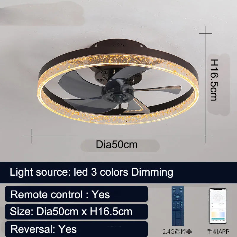 Nordic ceiling fan lamp with LED light in coffee gold finish, 50cm diameter with remote control