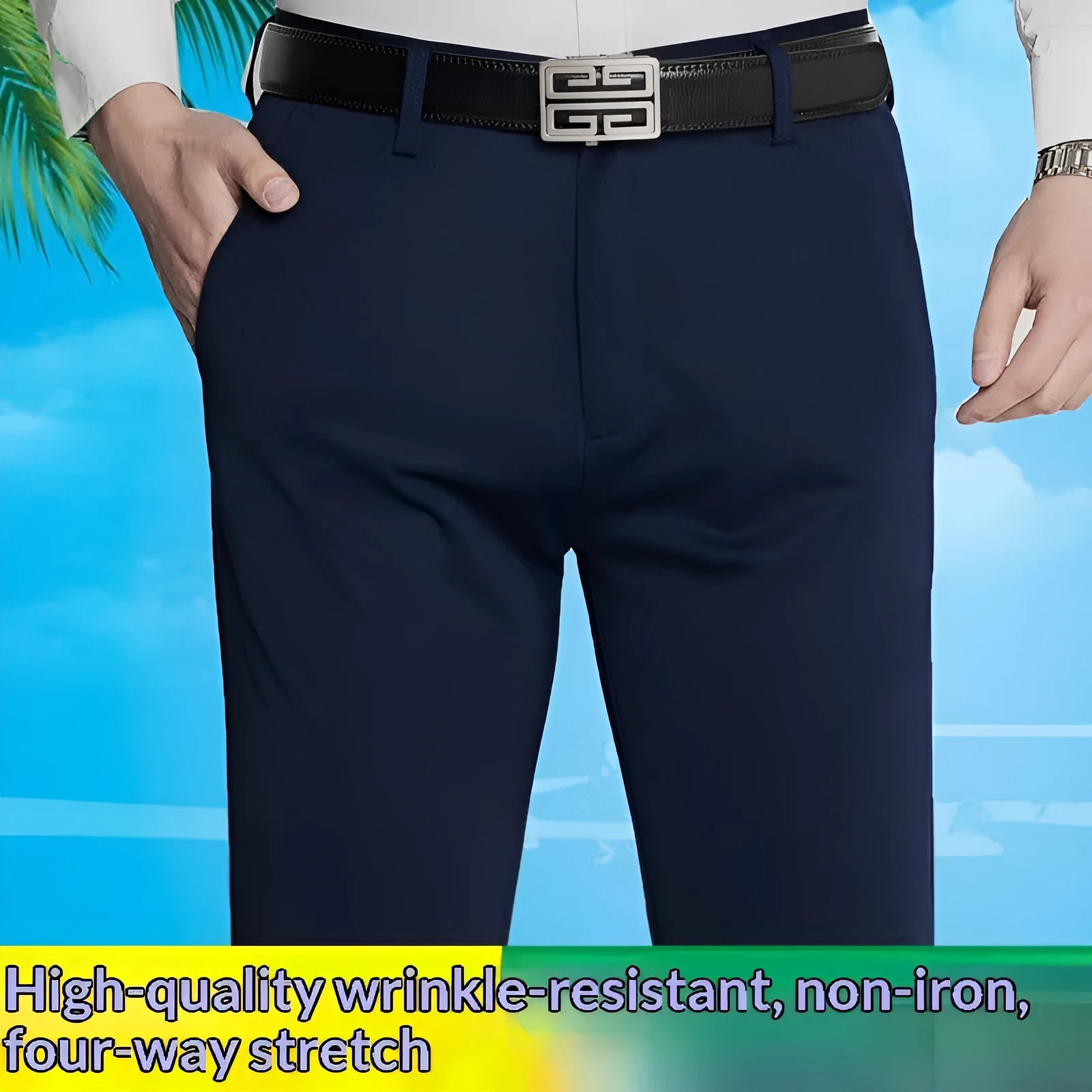 Men's autumn winter thick casual pants in sapphire blue with high elasticity waist, polyester fabric, size 29-40