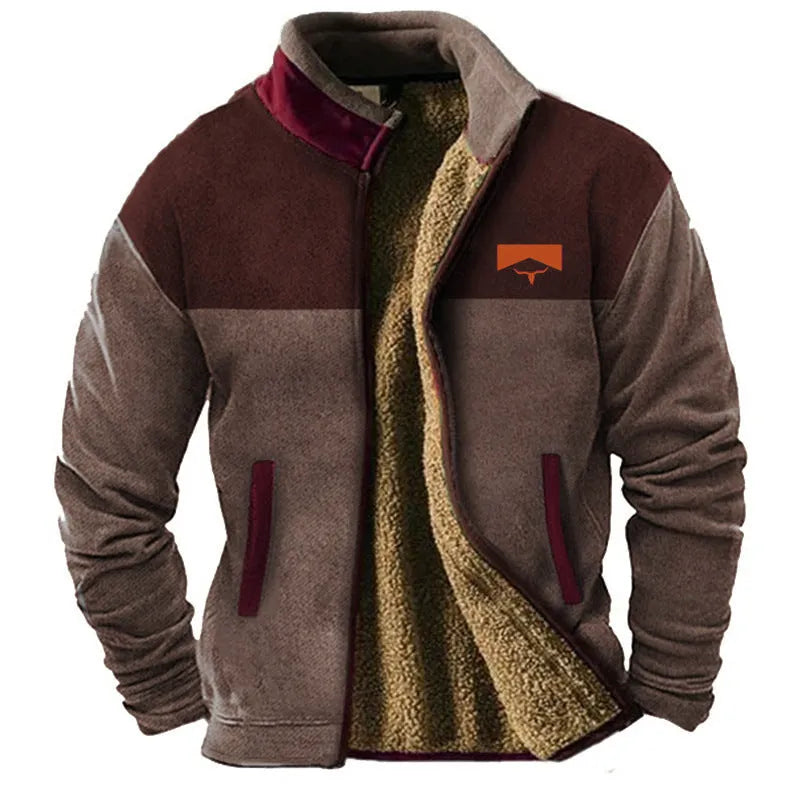 Men's blue polyester padded fleece-lined coat on a hanger, regular fit