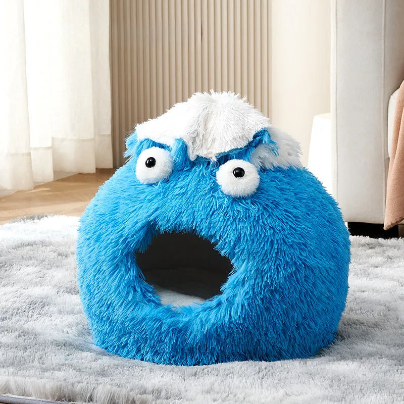 Closed plush cat nest in blue, 40cm diameter, for indoor winter use