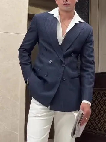 Men's striped double-breasted polyester blazer showing regular fit and traditional styling