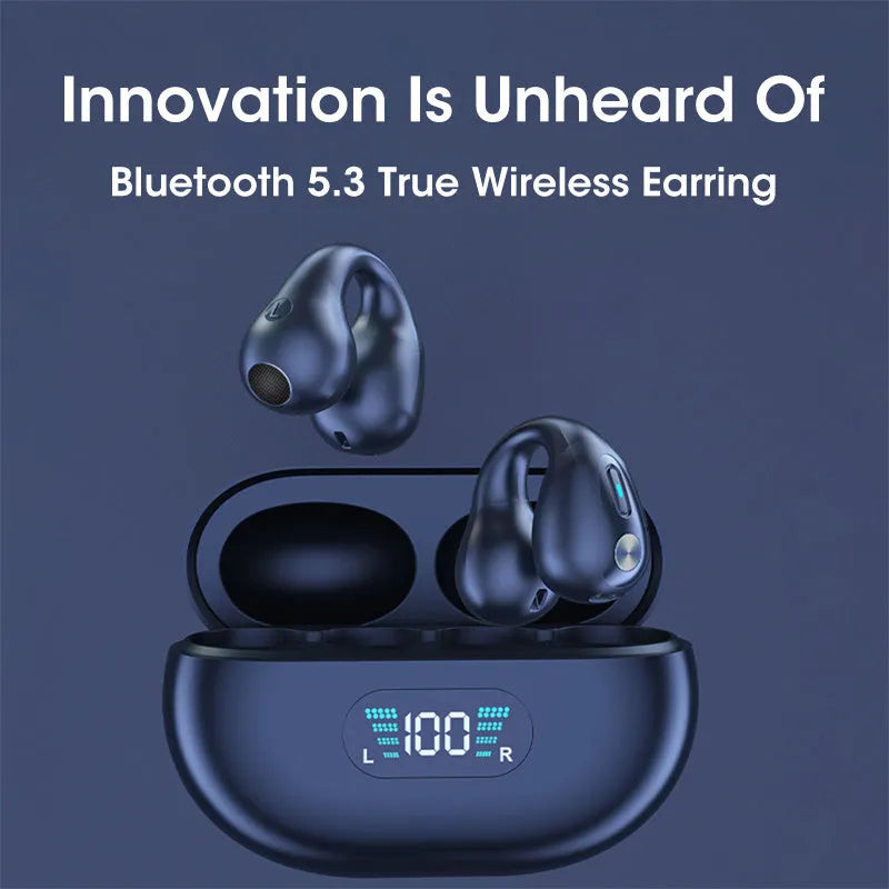Black bone conduction Bluetooth headset clip showing ear clip design and charging cable