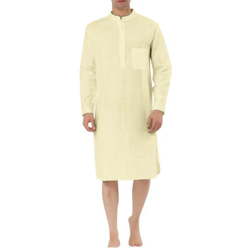 Men's cotton shirt robe shown in multiple colour options including Lake Blue, Light Khaki, White, and Black.