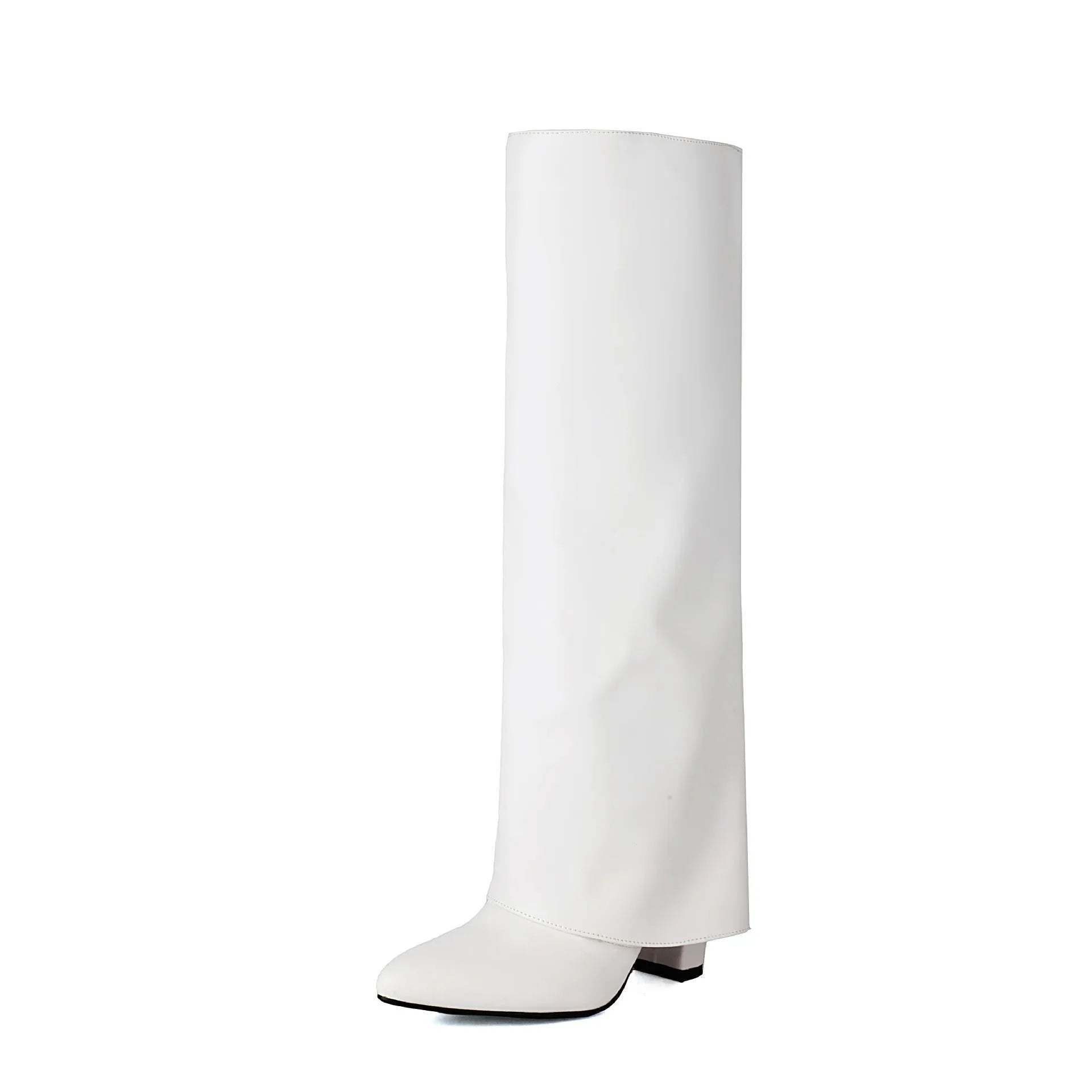 Women's plus size thick high heel ankle boots in black, white, or pink artificial PU with sewing line details.