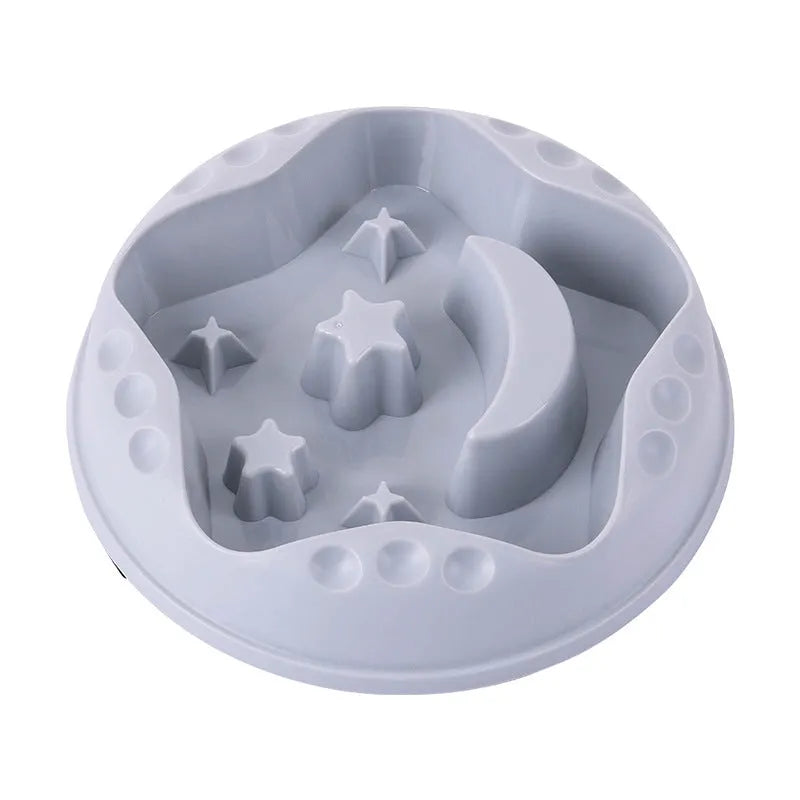 Moon Star Wings slow feeder dog bowl in blue colour with raised obstacles and anti-slip base.