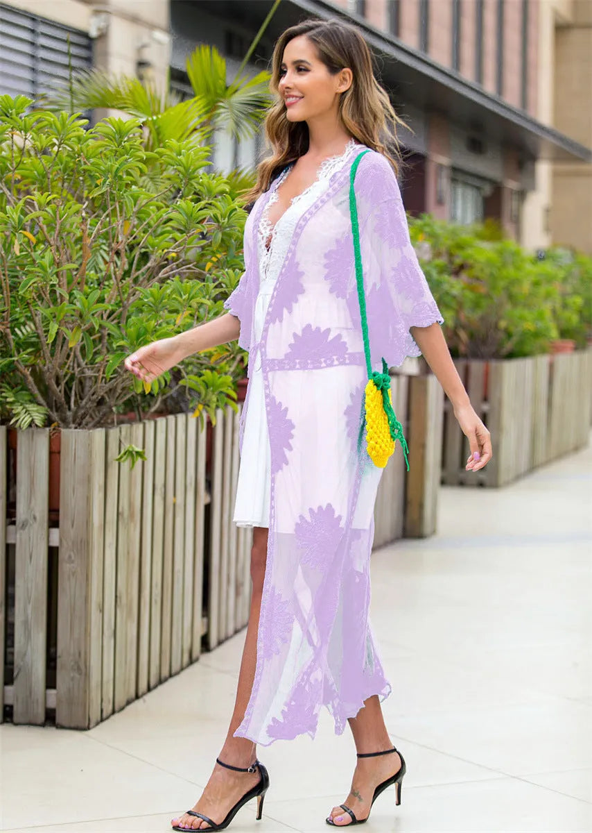 Light purple women's lace embroidered beach dress swimsuit cover-up