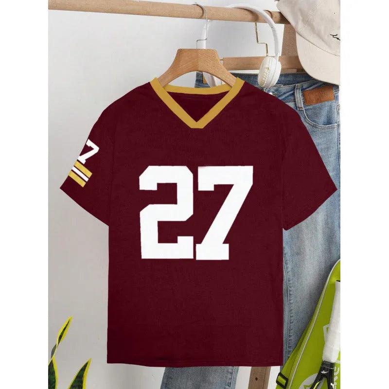 Red loose-fit cotton t-shirt with white digital letter print on the front.