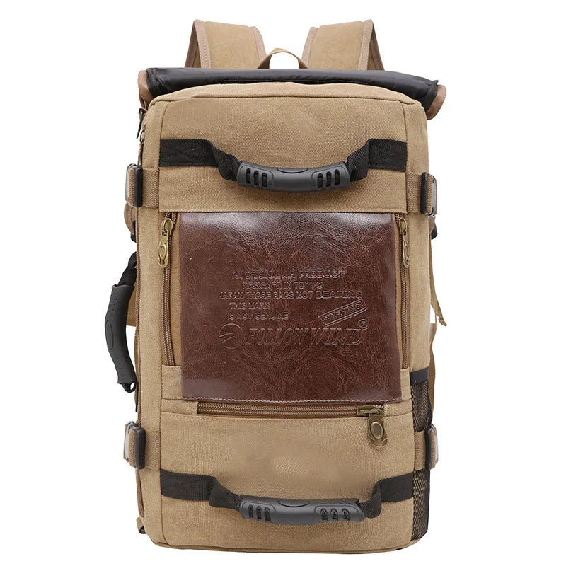 Canvas men backpack with computer pocket, side pocket, and three shoulder straps