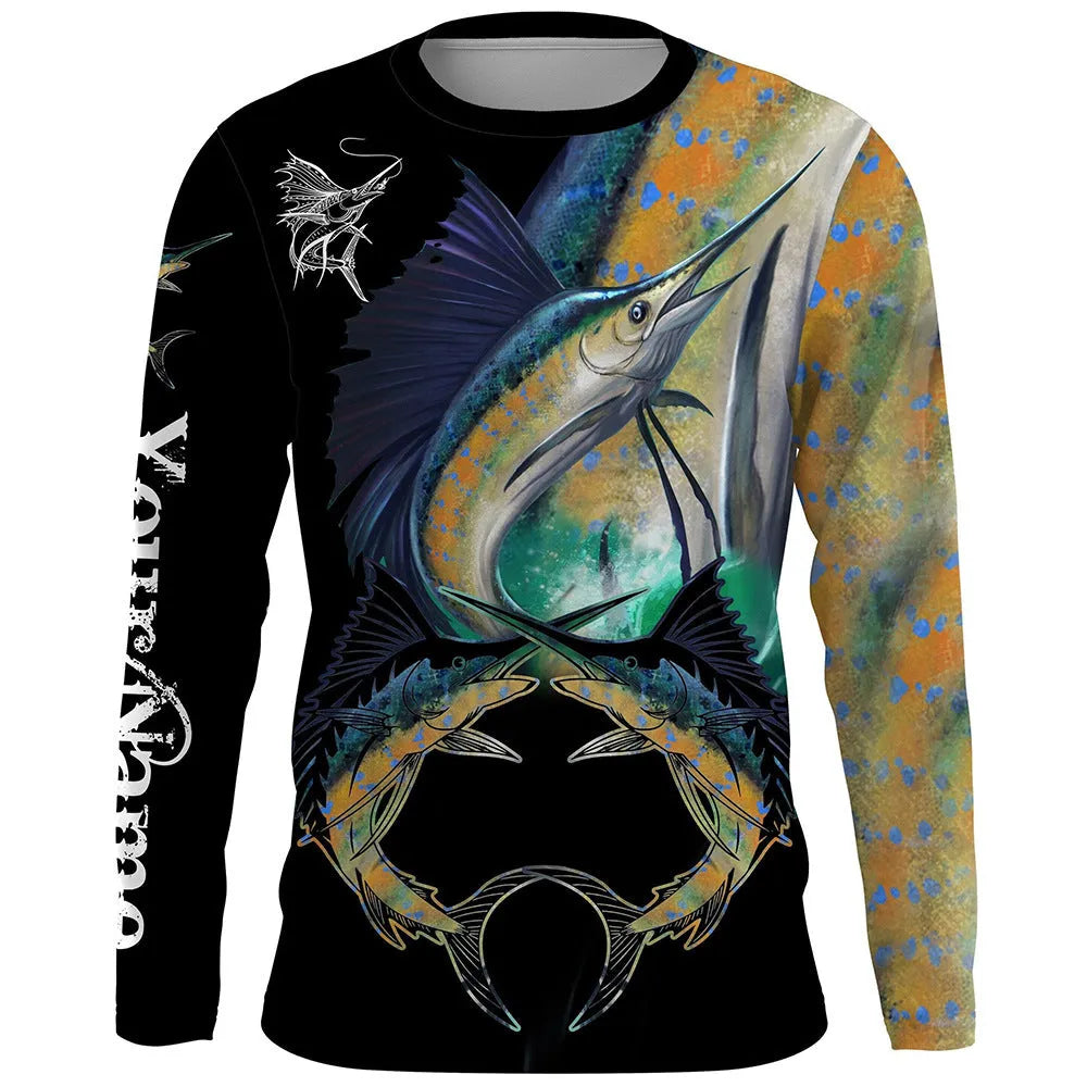 Men's grey round neck pullover top with a fish pattern print on the front.