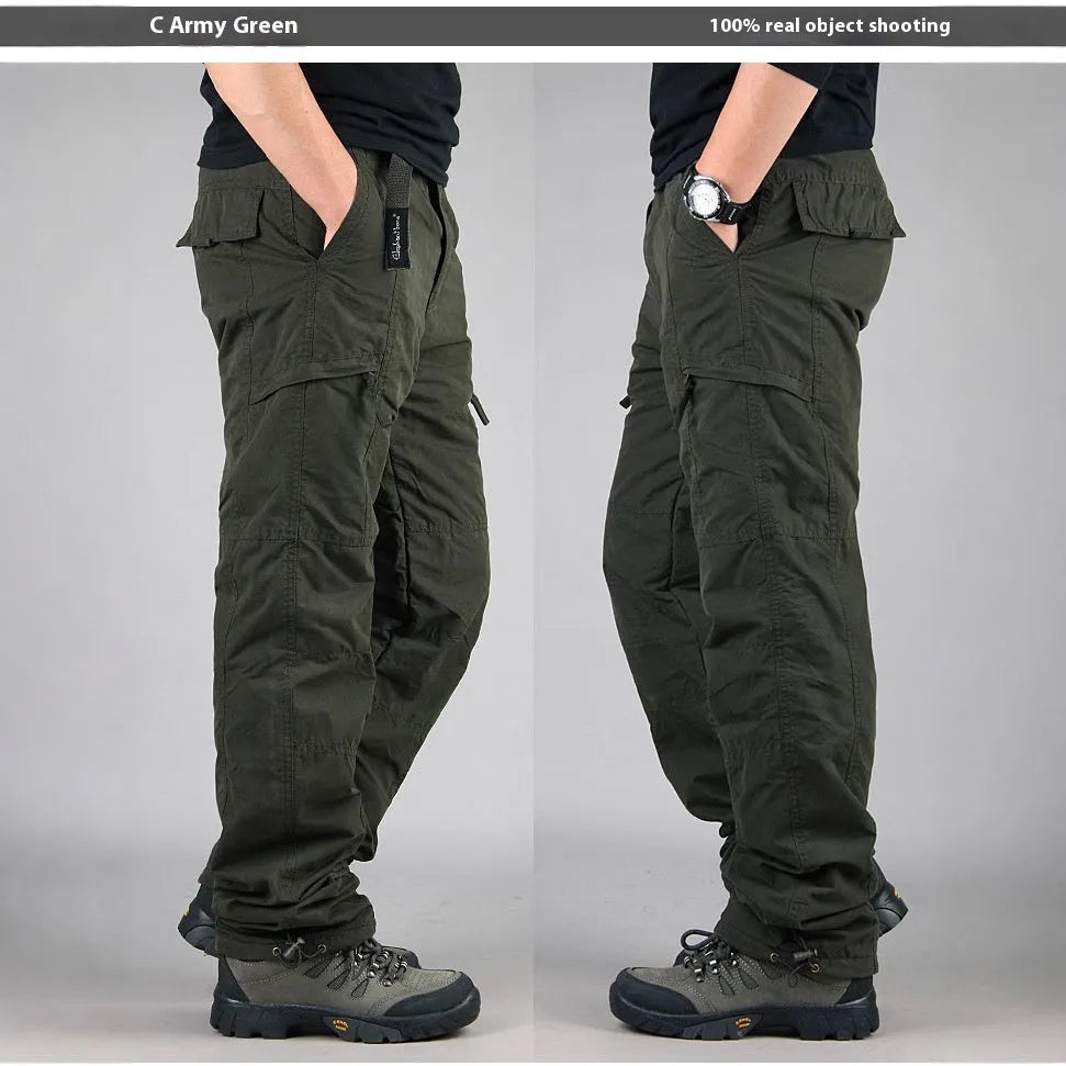 Men's thick cotton overalls with velvet wool lining in khaki colour, showing loose straight-leg fit.