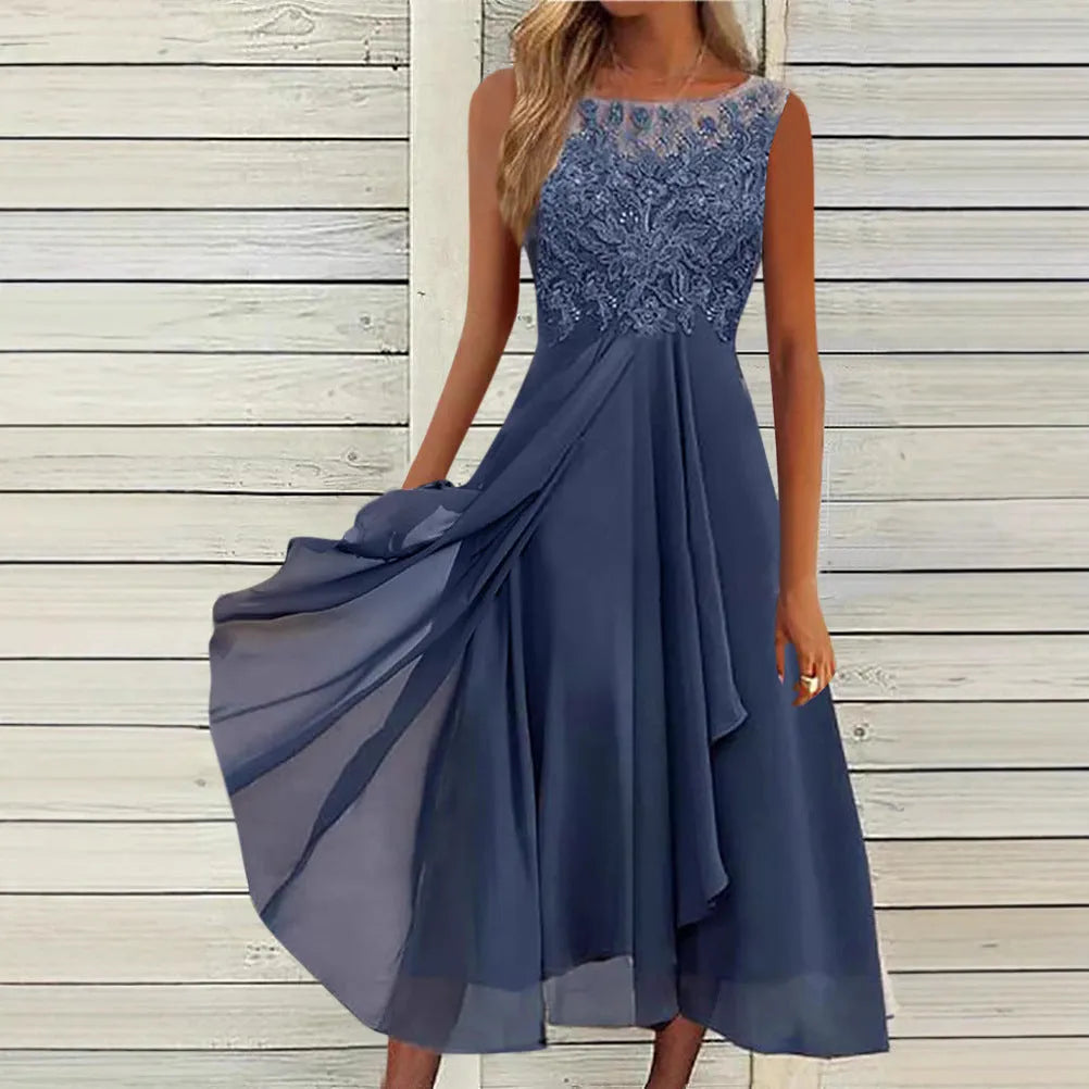 Women's sleeveless blue chiffon dress with lace stitching detail and a mid-length skirt.