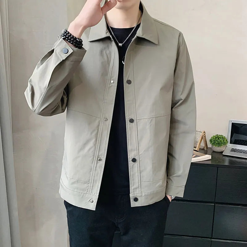 Men's thin single-layer Korean style jacket in charcoal grey on a hanger.